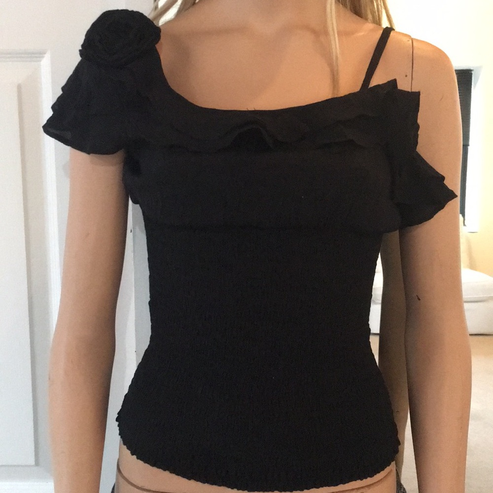 Beautiful Black One Shoulder Flower Ruffle Blouse